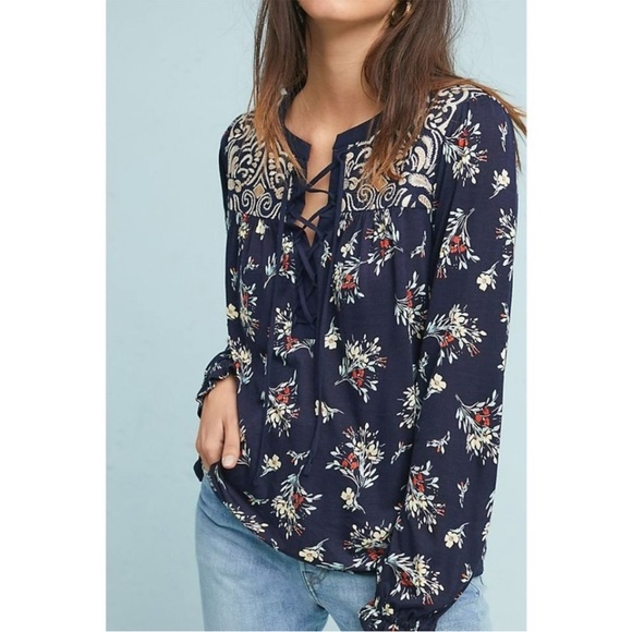 Anthropologie One September Floral Peasant Top Embroidery, Lace Up Neck Small - Picture 13 of 13
